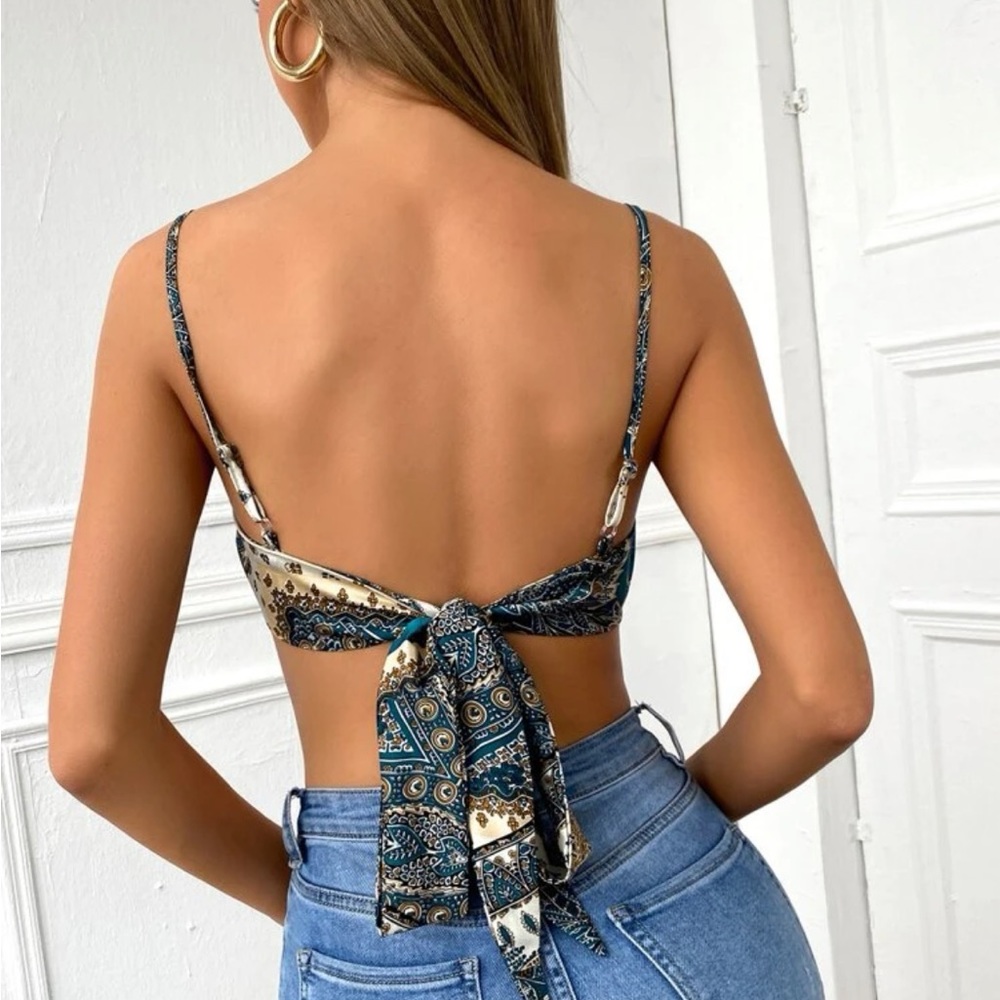 SHEIN Scarf Print Tie Back Satin Cami Bandana Top